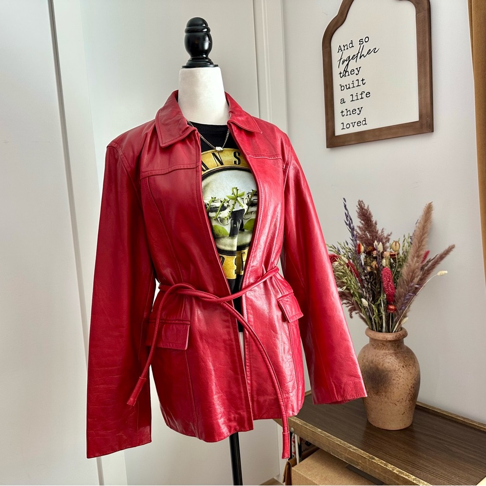 Vintage Express Y2K 🍒 Red Genuine Leather Jacket